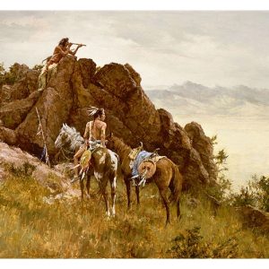 Native American Man On Rocks Using a Far Seeing Glass, Another Man on Horse Looking in the same direction