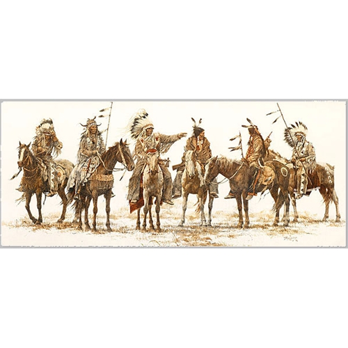 Six Native American Men Riding horses in Traditional Headdress Holding Spears