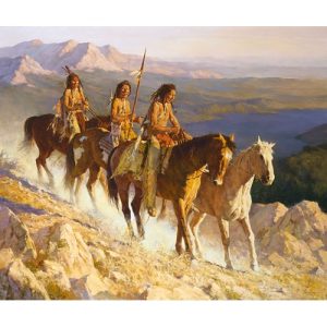 Three Native American Men Riding Horses, With Mountains and River in the Background