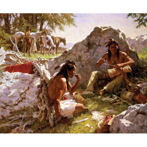 Native American Man with Horse in Background, Two Native American Men sitting by rocks in foreground