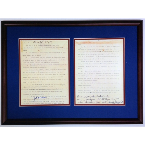 Two Pages of Handwritten Basketball Rules, Black Frame with Blue Background