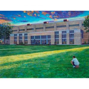 Painting of young boy sitting in the grass on a basketball, Outside of Allen Field House