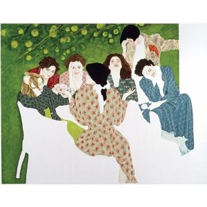 Painting of Seven Women Laughing around a table, all wearing multicolored dresses