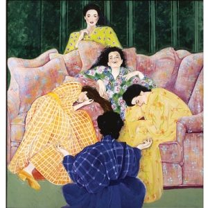 Painting Large Couch with Three Women Sitting, Another Behind Couch and another in Front of couch, All Wearing Pajamas