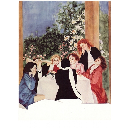 Painting of Seven Women Sitting Around a Dinner Table Laughing