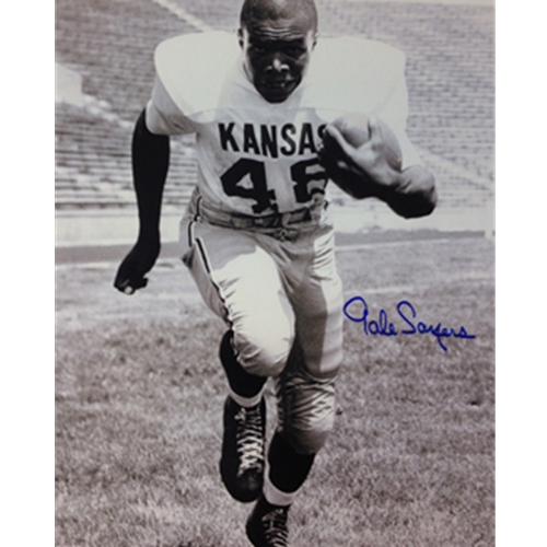 Black and White Gale Sayers IN Football Gear Without Helmet Signed Photo