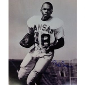 Black and White Gale Sayers Holding Football with Football Gear Without Helmet Signed Photo