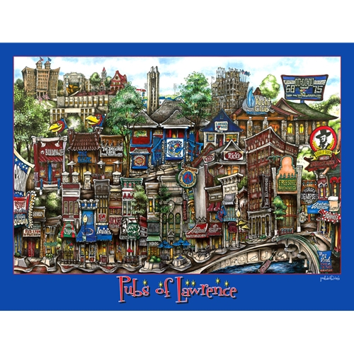 Cartoon Style Framed Picture of Various Pubs of Lawrence, Kansas