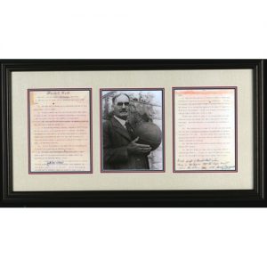 Black and White Picture of James Naismith Holding Basketball, With Basketball Rules - Framed