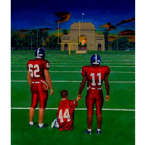 Painting of College Football Players & Kid at Midfield at Nighttime