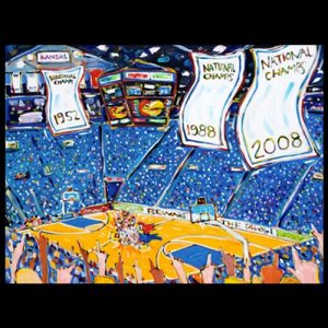 Painting of Kansas Allen Fieldhouse, with national championship banners hanging, Players celebrating at half court