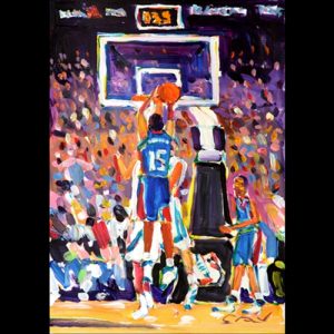 Painting of Mario Chalmers Taking Jump shot while being defended, 3 seconds left on the clock