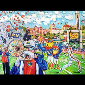 Painting of Kansas Jayhawk Mascots with arms around eachother, Trumpet Players and Marching Band all on Football Field with red balloons in the background