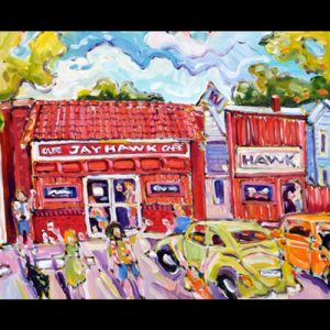 Painting of Jayhawk Café, Green and Orange Cars Parked in Front, People holding cans in the air