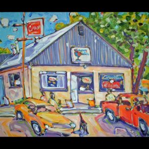 Painting of Gas Station, Red Truck and Yellow Car Parked in Front, Trees on the right