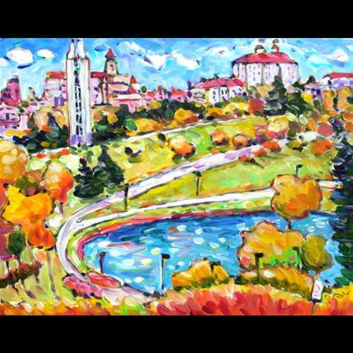 Painting of Kansas University Campus, with Pond and Buildings and Fall Trees