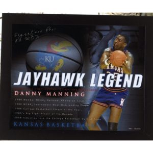 Hand Signed Danny Manning Photo, olding bastkeball with Jayhawk Legend and career highlights printed, as well as KU basketball in background