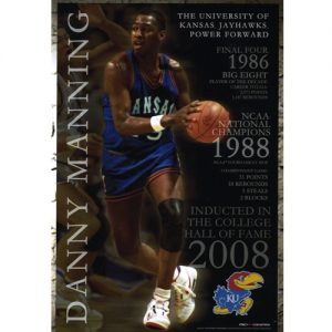 Danny Manning Wearing Kansas jersey holding basketball, with career highlights and KU Logo