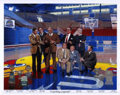 Eight Coaches at Midcourt standing on Kansas Logo, With Championship Trophies
