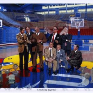 Eight Coaches at Midcourt standing on Kansas Logo, With Championship Trophies