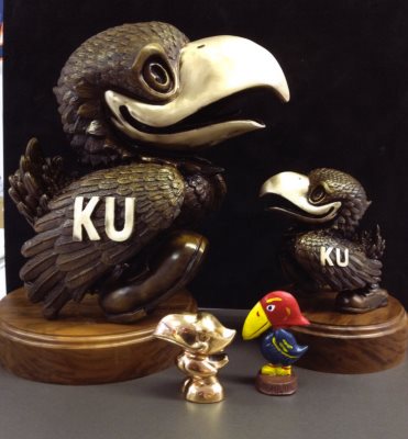 Four Jayhawk Figures 10" Tall and 2" Base - Two Jays with KU and Walnut Base, Two Smaller Jayhawks one Multicolored