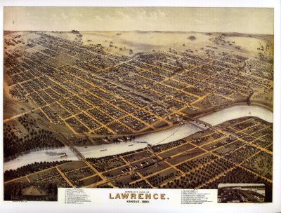 Black and White Photo - Birds Eye View of Lawrence, Kansas 1880 Print