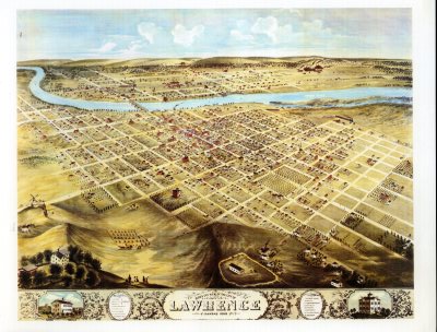 Birds Eye View of Lawrence, Kansas 1869, Open Plots of Land with River in Background