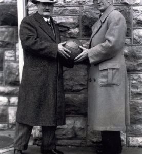 Black and White Photo James Naismith & Phog Allen Holding Basketball Together