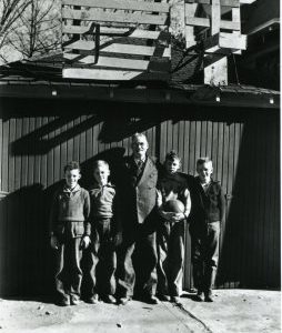 James Naismith with Four Boys Standing Below Homemade Wood Frame Hoops