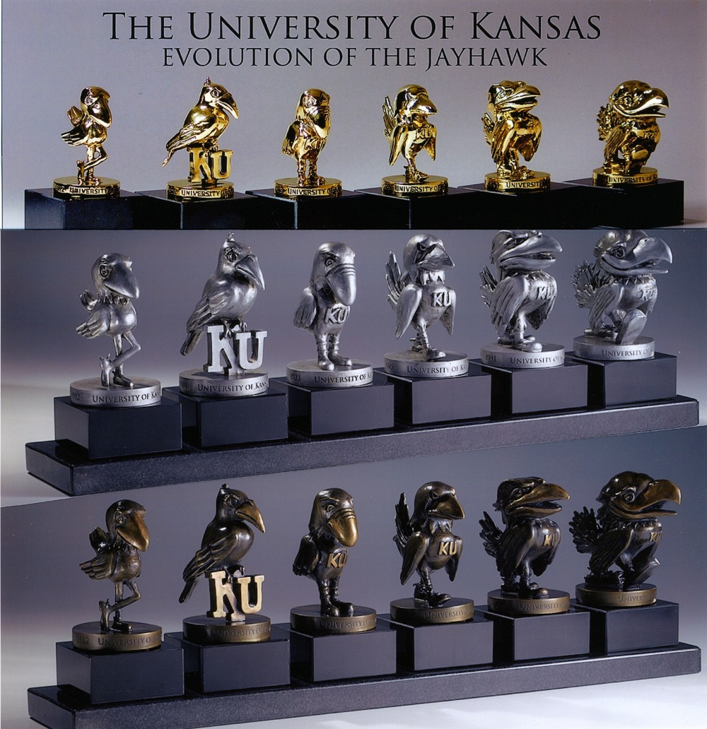 The University of Kansas - Evolution of the Jayhawk: Statues of Different Styles of KU Jayhawk Mascot