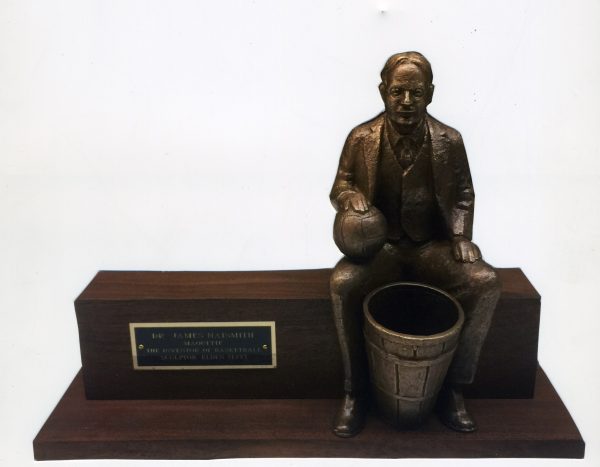 James Naismith Bronze Macquette/James Naismith Sitting on Bench with Basketball and Basket, Vintage Macquette